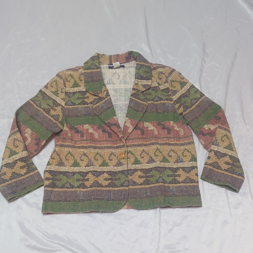 Vintage USA Made Aztec Southwestern Earth tone Blazer 100% Cotton Wood Button